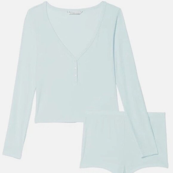 NWT Victoria's Secret Modal PJ Set V Neck Sleepwear Baby Blue Henley Ribbed - Picture 3 of 9